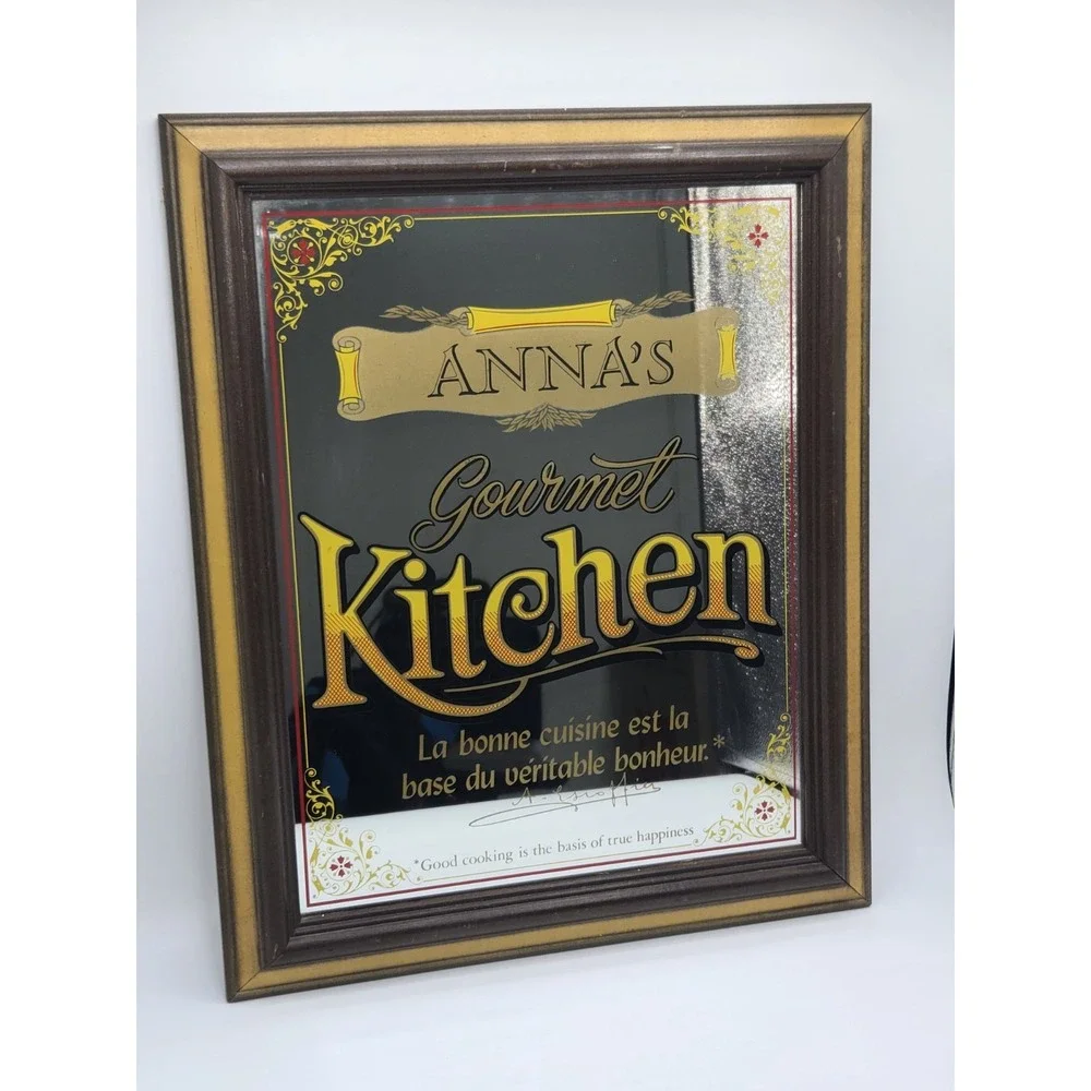 Vintage Anna's Gourmet Kitchen Framed Mirror Wall Art French Quote 16.5